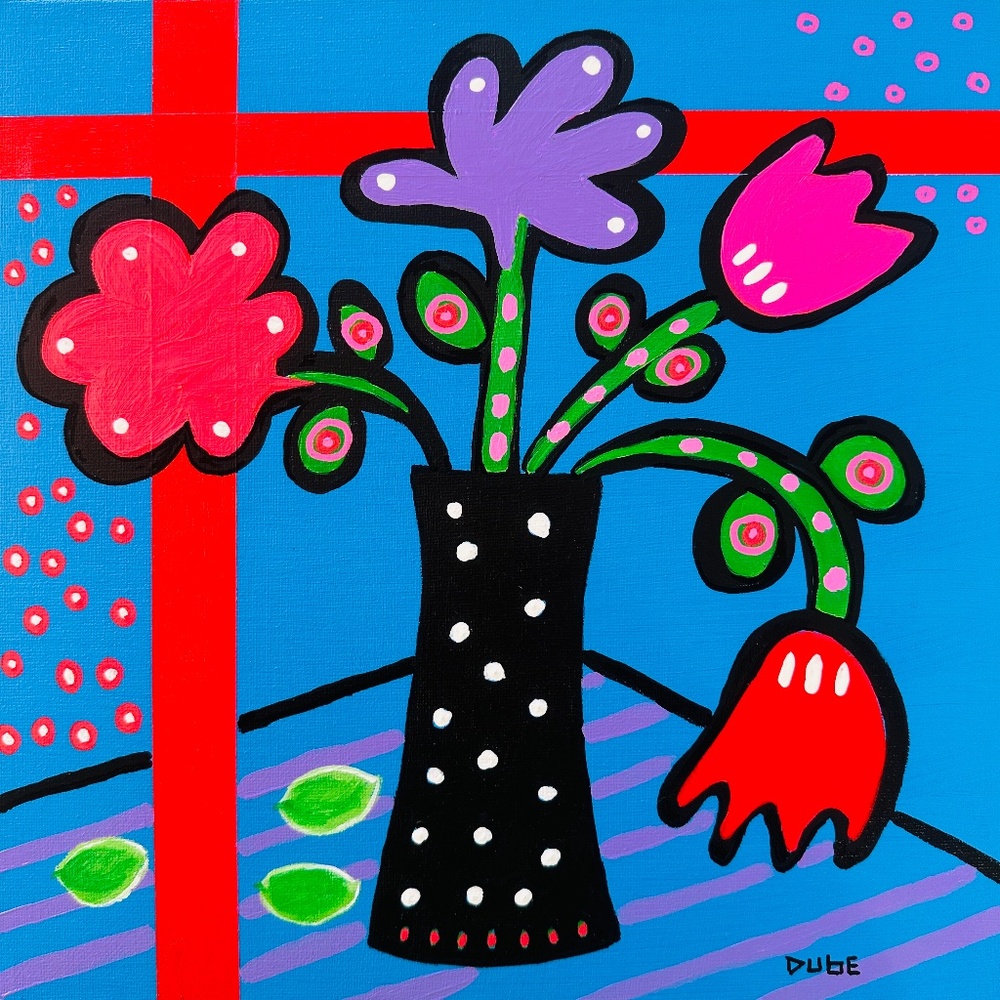 Original Abstract POP Art Painting Limes & Flowers, 12x12 Canvas Panel